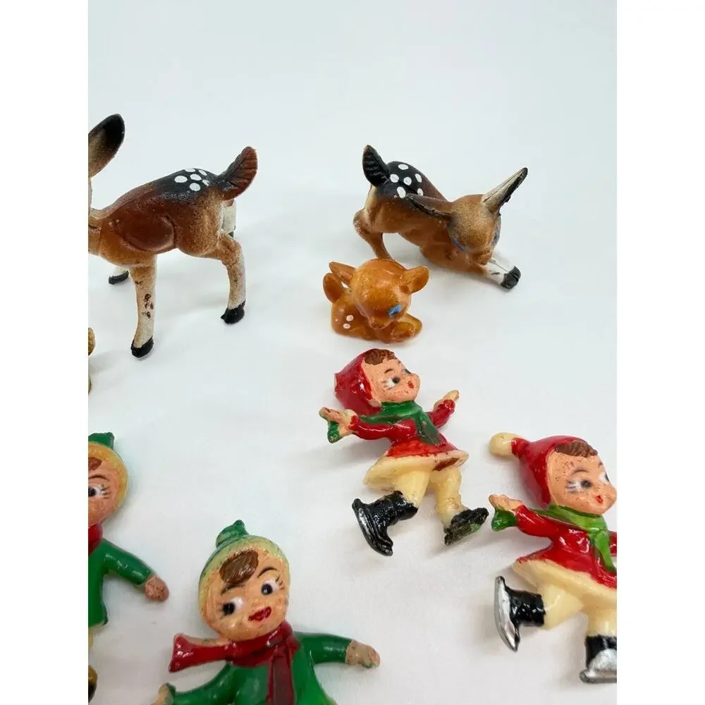 Vintage Hong Kong Plastic Christmas Figures Deer Ice Skaters Figurine Set